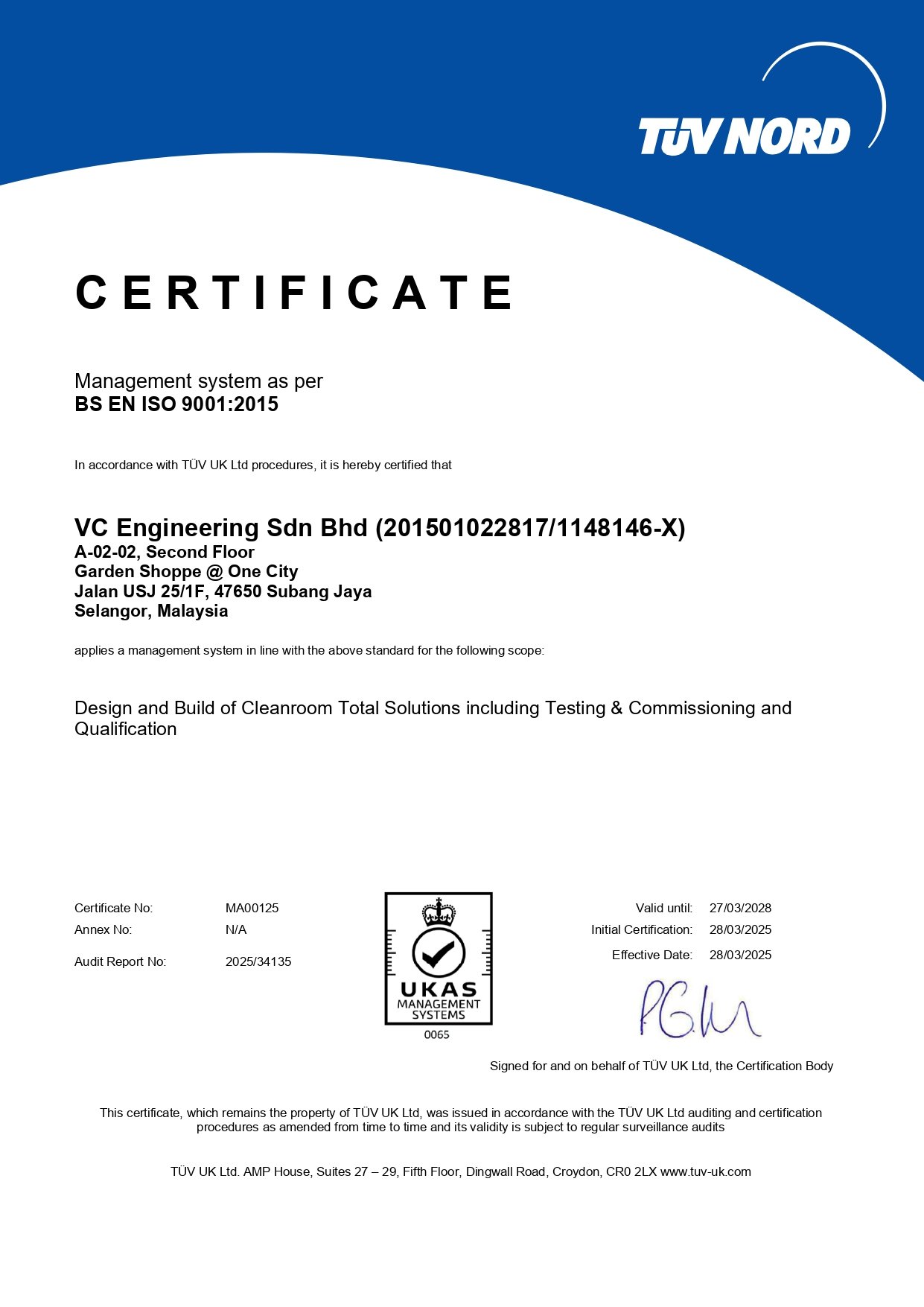 Certificate 9001 CA 2025 UKAS